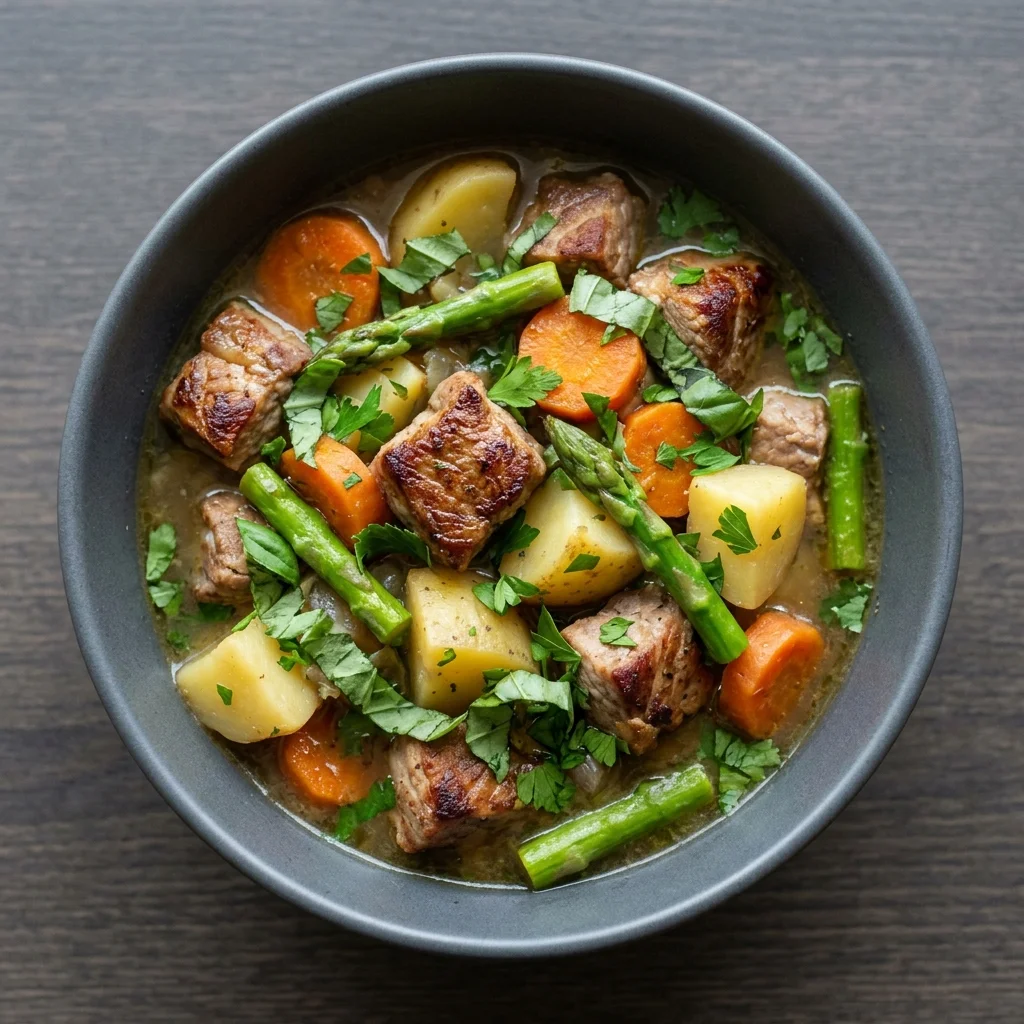 Basil-Parsley Pork and Potato Stew with Asparagus