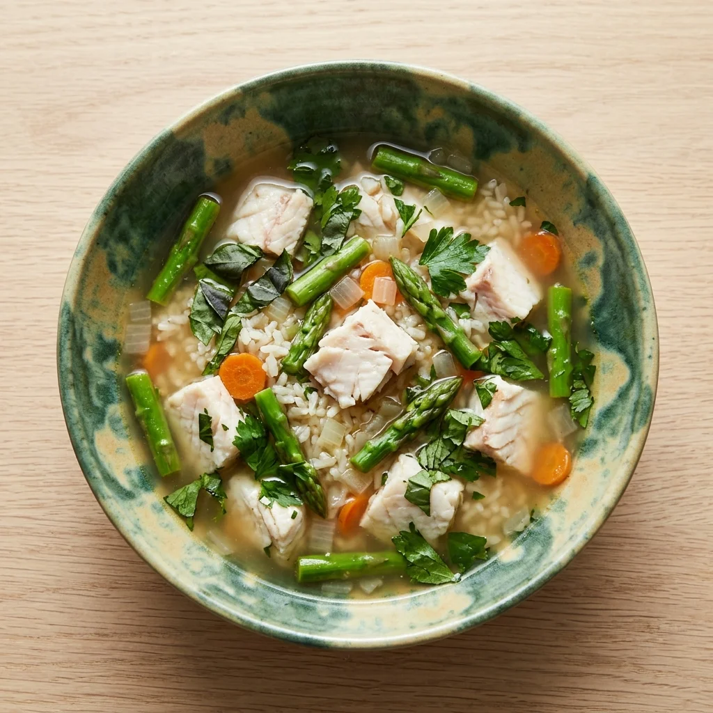 Basil-Parsley Snapper Rice Soup with Asparagus