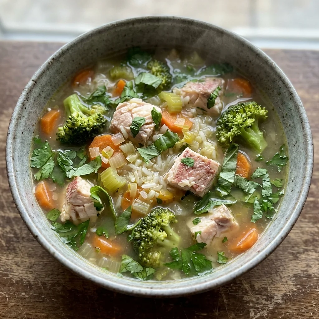Basil-Parsley Snapper Rice Soup with Broccoli