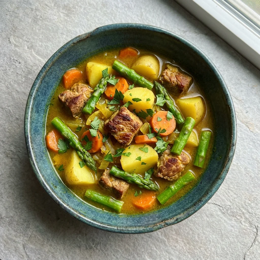 Ginger-Turmeric Pork and Potato Stew with Asparagus