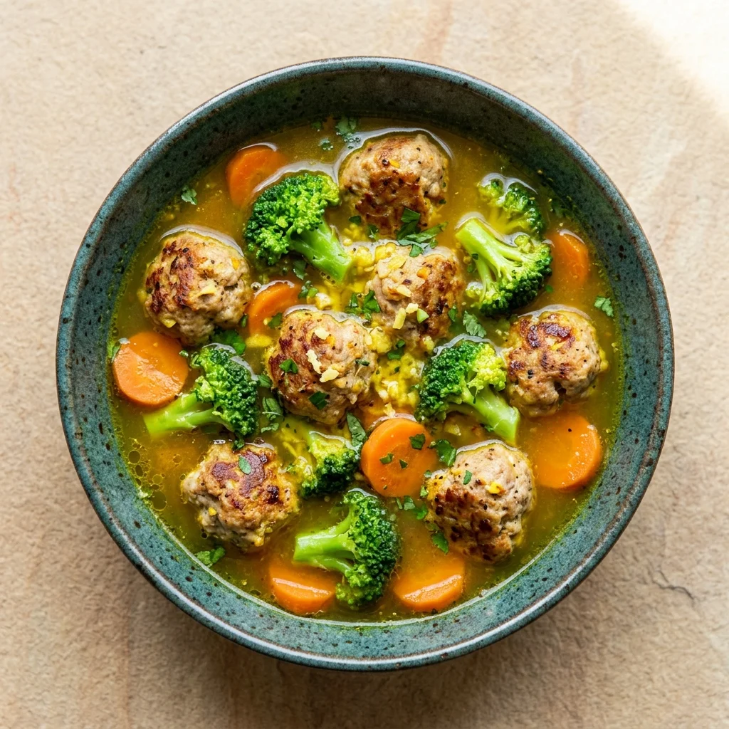 Ginger-Turmeric Turkey Meatball Soup with Broccoli