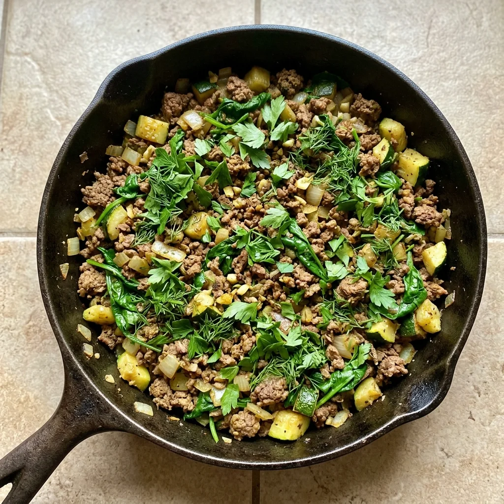 Greek Beef and Spinach Skillet