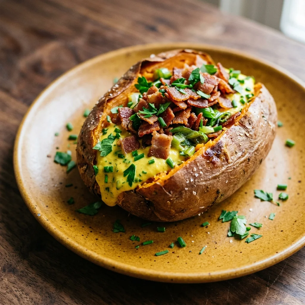 Loaded Baked Sweet Potatoes with Bacon & Herb Coconut Cream