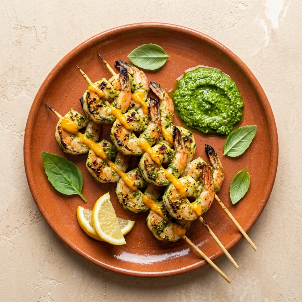 Basil Pesto Shrimp Skewers with Turmeric-Cumin Finish