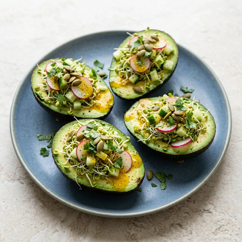 Broccoli Sprout Avocado Cups with Turmeric-Cumin Dressing