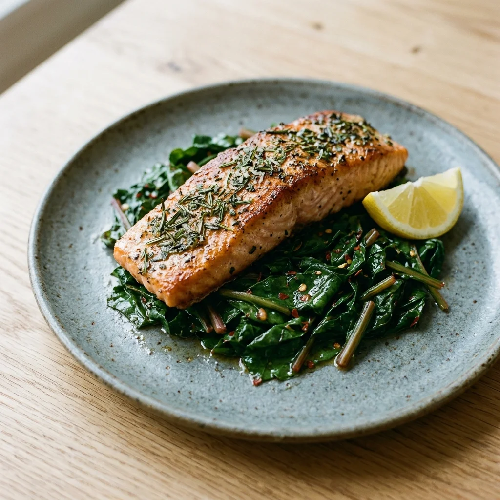 Rosemary Sage Wild Salmon with Sautéed Beet Greens