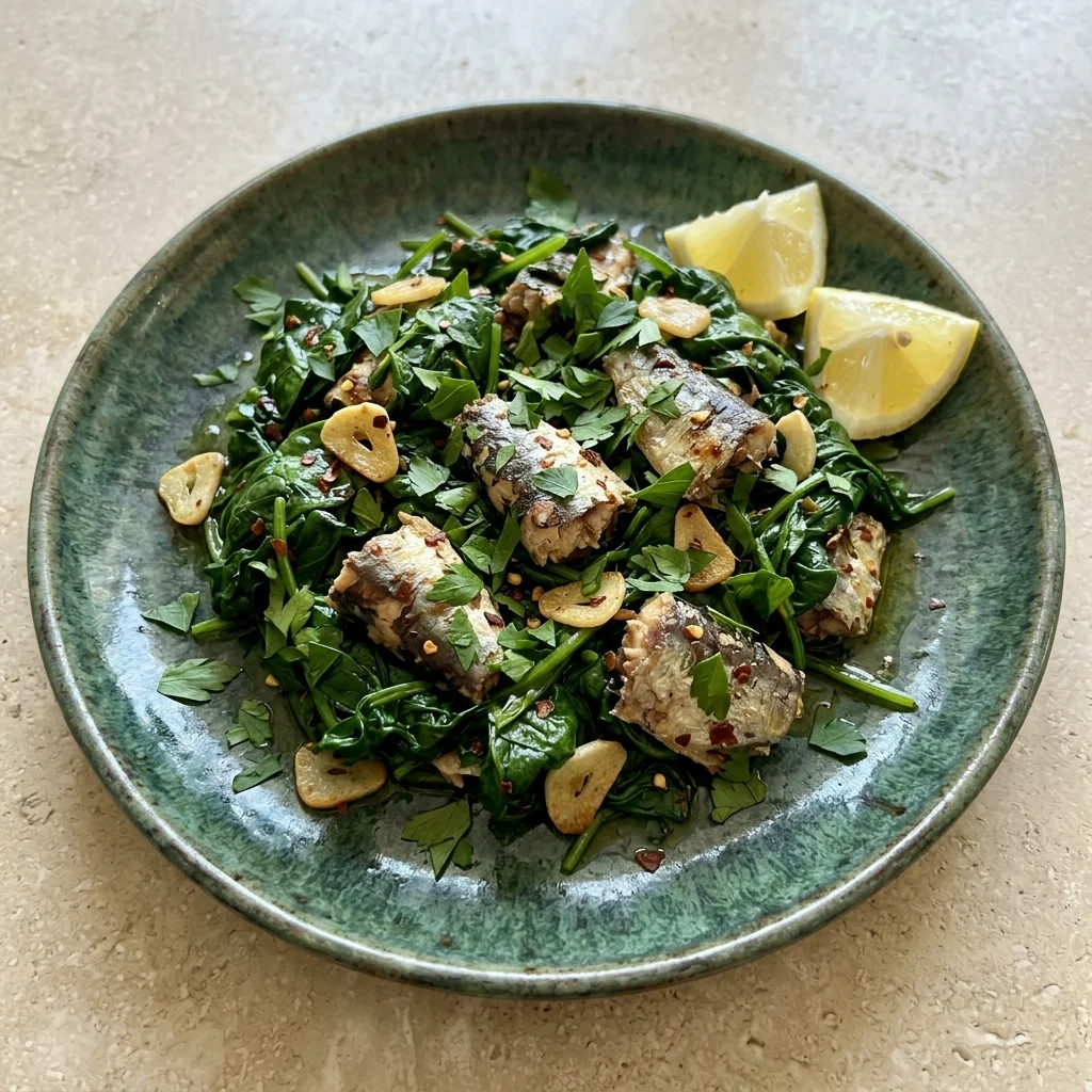 Garlic Sardine and Spinach Skillet