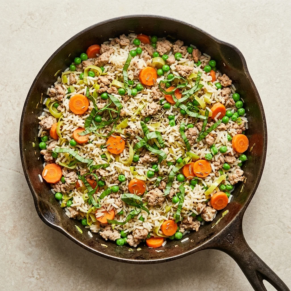 Basil-Rosemary Turkey & Rice Skillet with Carrots and Peas