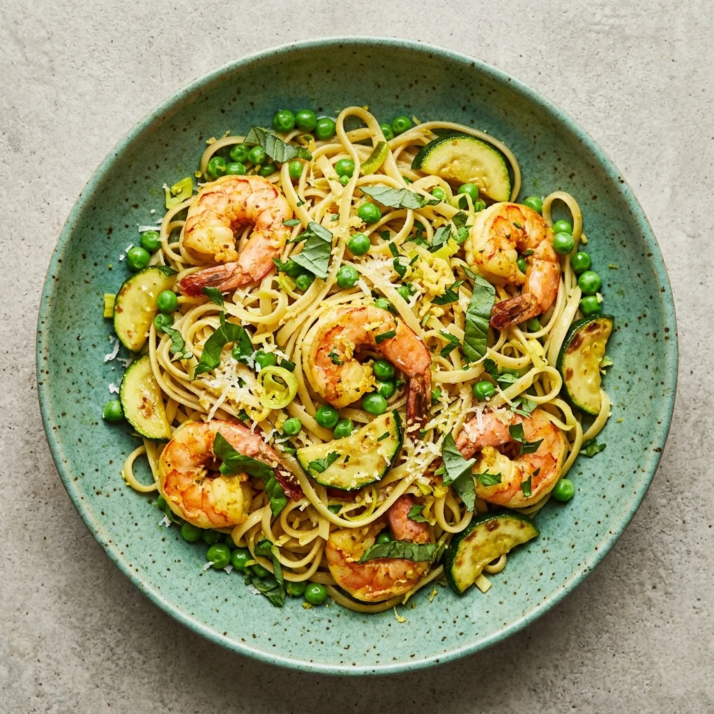 Ginger-Turmeric Shrimp Pasta Primavera with Zucchini & Peas