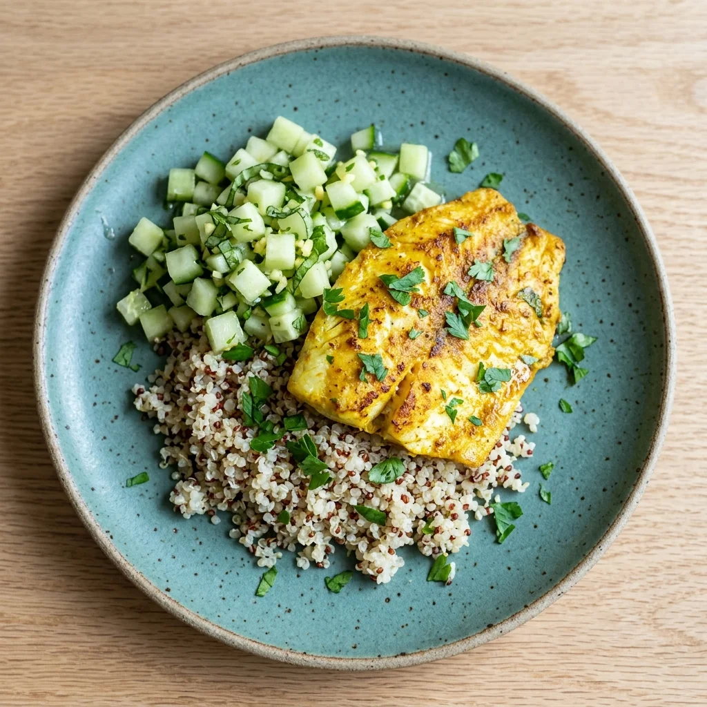 Ginger-Turmeric Tilapia with Quinoa & Cucumber-Melon Relish