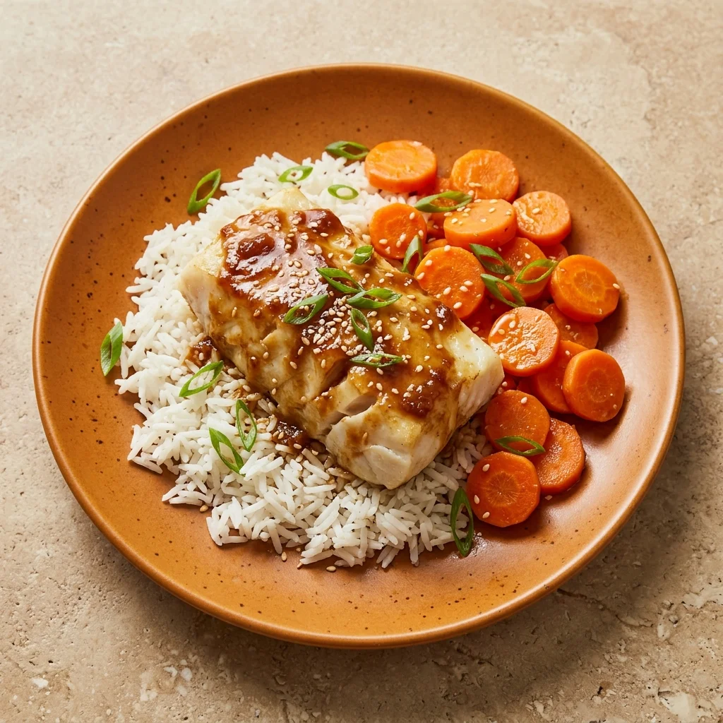 Miso-Ginger Baked Cod with Rice & Steamed Carrots