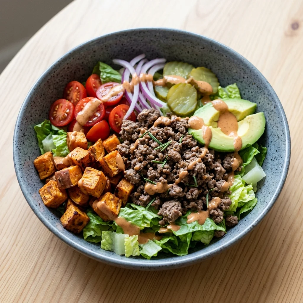 Paleo Balsamic-Rosemary Beef Burger Bowls with Special Sauce