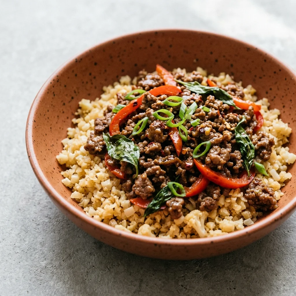 Paleo Five-Spice Thai Basil Beef Cauliflower Rice