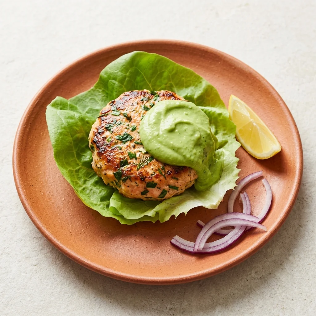 Paleo Garlic-Herb Salmon Burgers with Avocado Crema