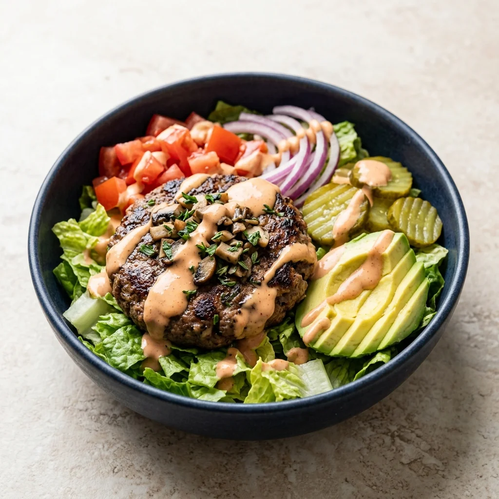 Paleo Mushroom-Herb Beef Burger Bowls with Special Sauce