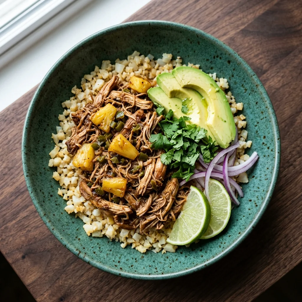 Paleo Pineapple-Jalapeño Pulled Chicken Taco Bowls