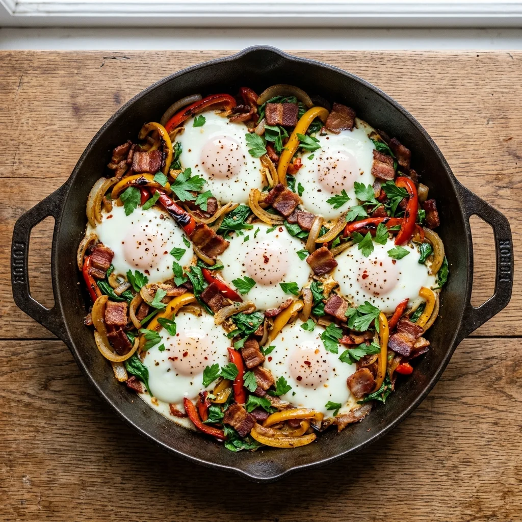 Paleo Roasted Pepper Bacon & Egg Breakfast Skillet