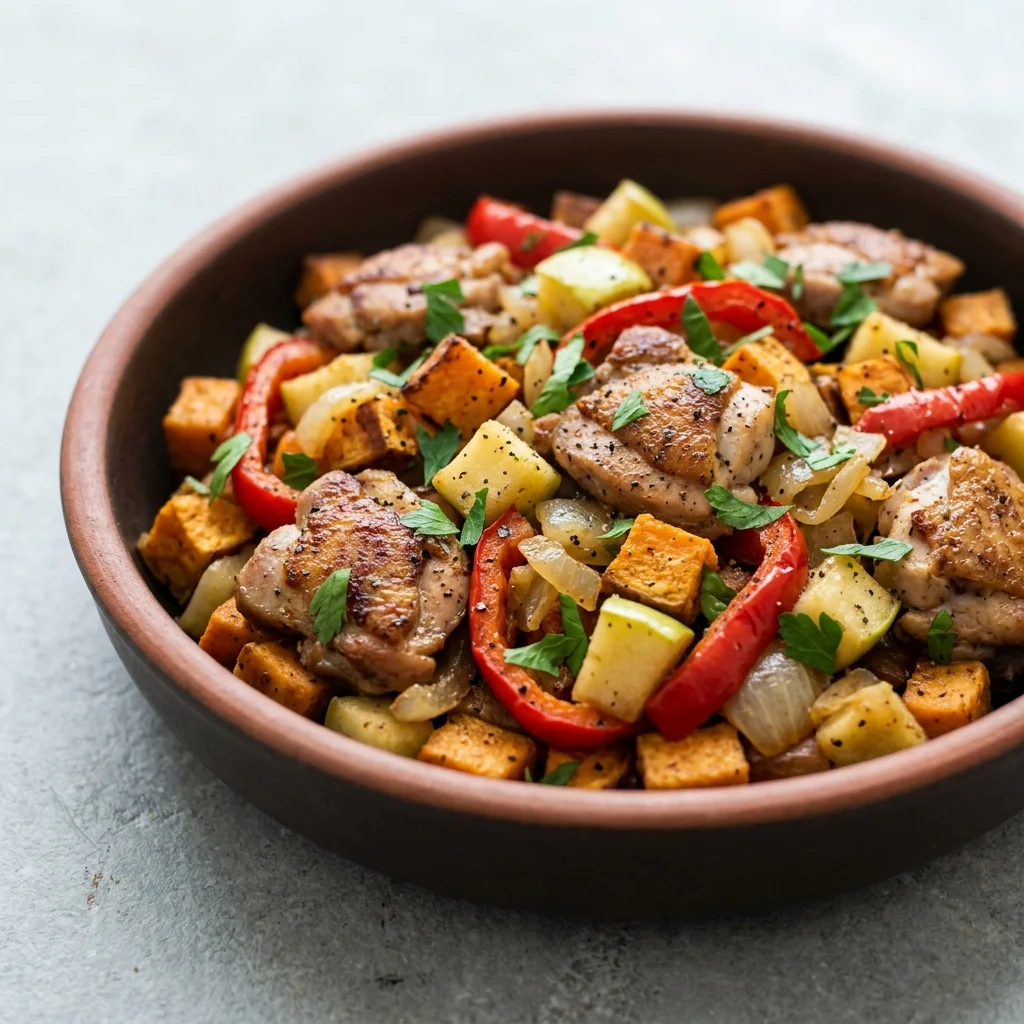 Paleo Roasted Pepper Chicken Apple Breakfast Hash