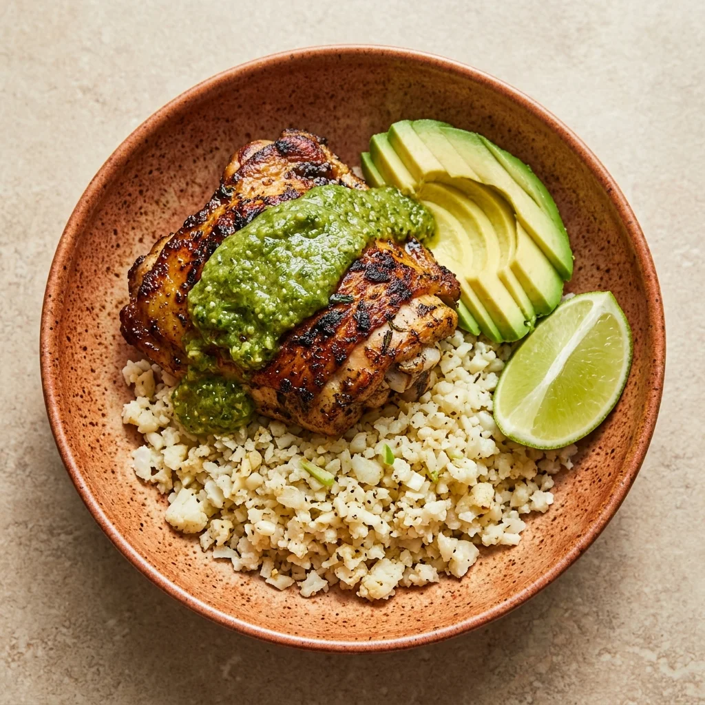 Paleo Jerk Chicken Cauliflower Rice Bowls with Salsa Verde
