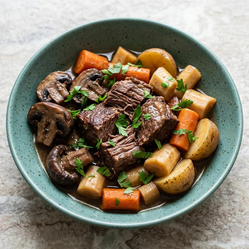 Paleo Crockpot Mushroom-Herb Pot Roast with Root Vegetables