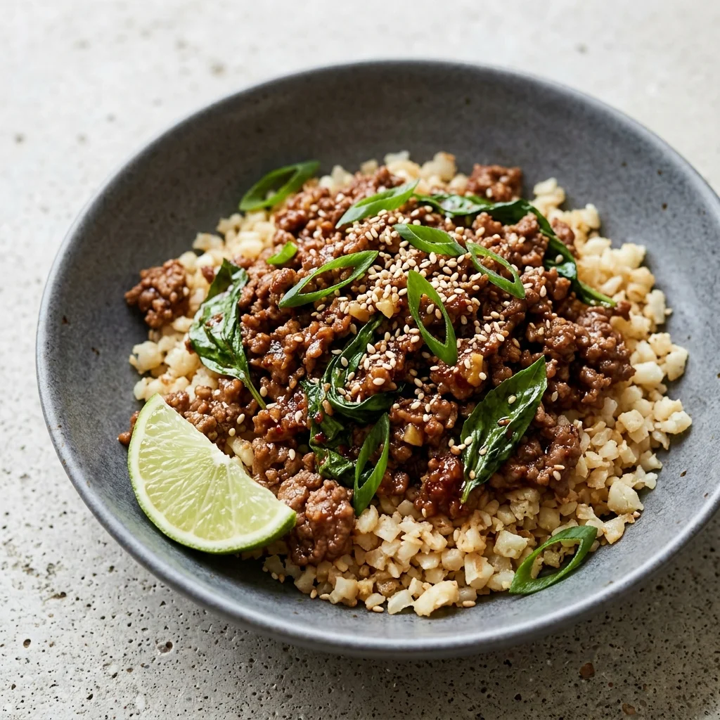 Paleo Thai Basil Korean Beef Cauliflower Rice Bowls