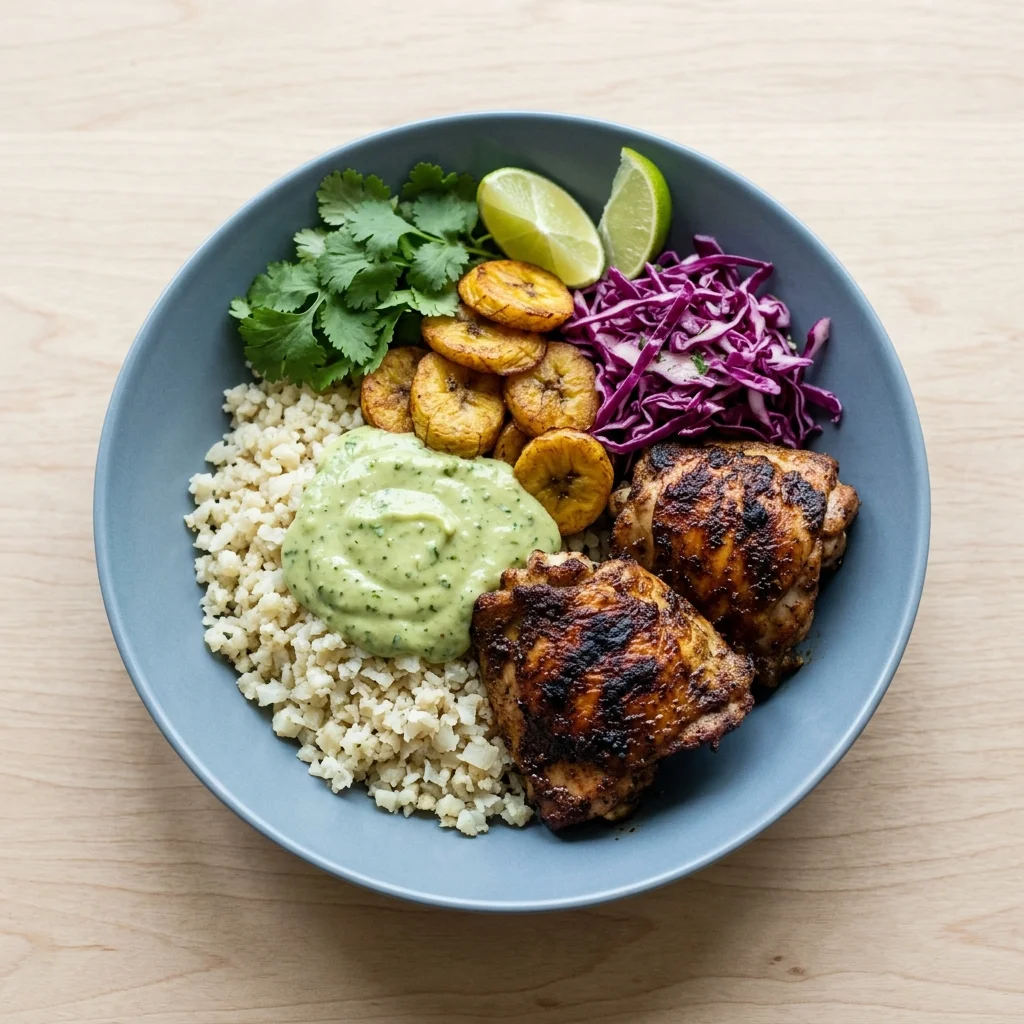 Whole30 Jerk Chicken Bowls with Avocado Salsa Verde