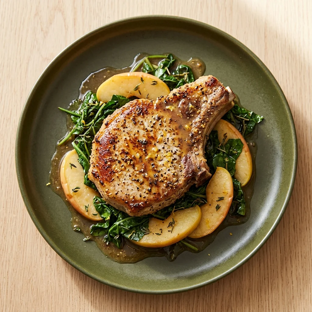 Whole30 Lemon-Pepper Pork Chops with Apples and Greens
