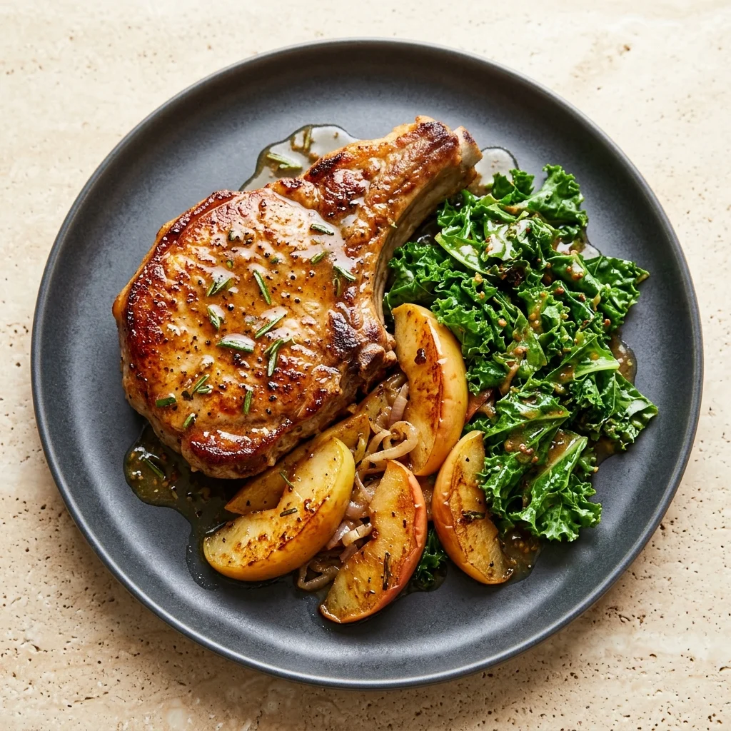 Whole30 Rosemary-Mustard Pork Chops with Apples and Greens