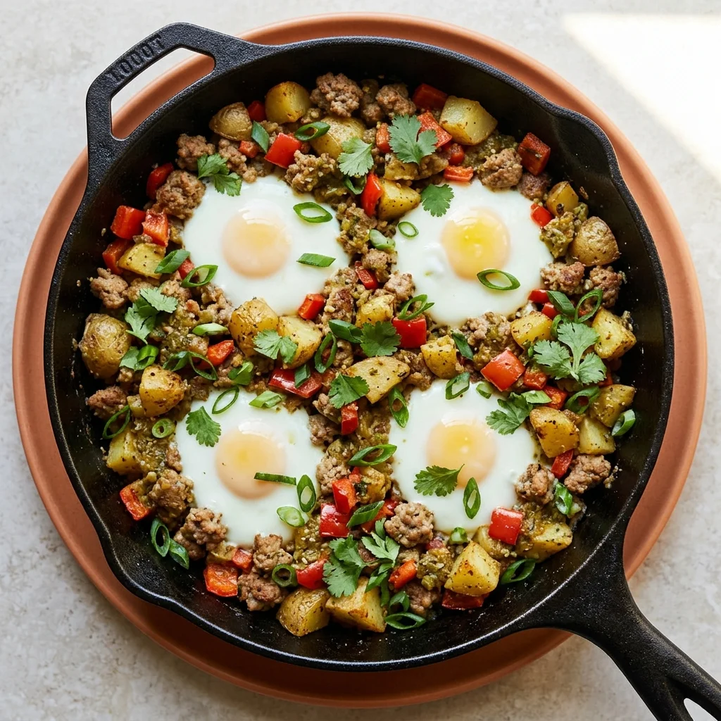 Whole30 Salsa Verde Potato Sausage Breakfast Skillet
